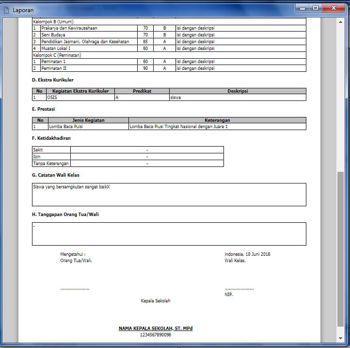 Contoh Rapor SMA k13