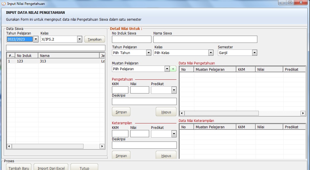 input nilai Buku Induk Siswa